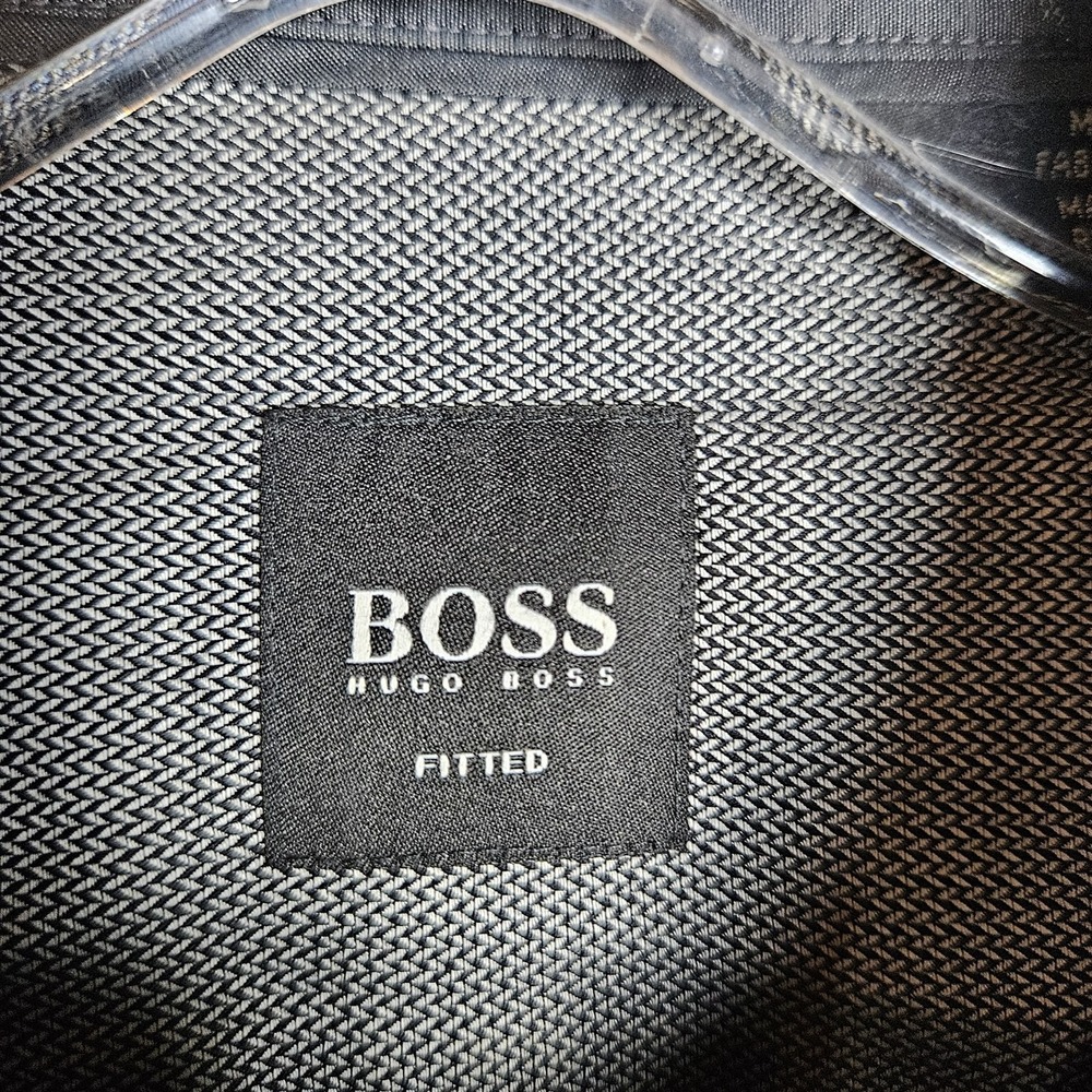Hugo Boss Fitted Dress Shirt Mens L Grey‎ Herringbone Long Sleeve Button Up